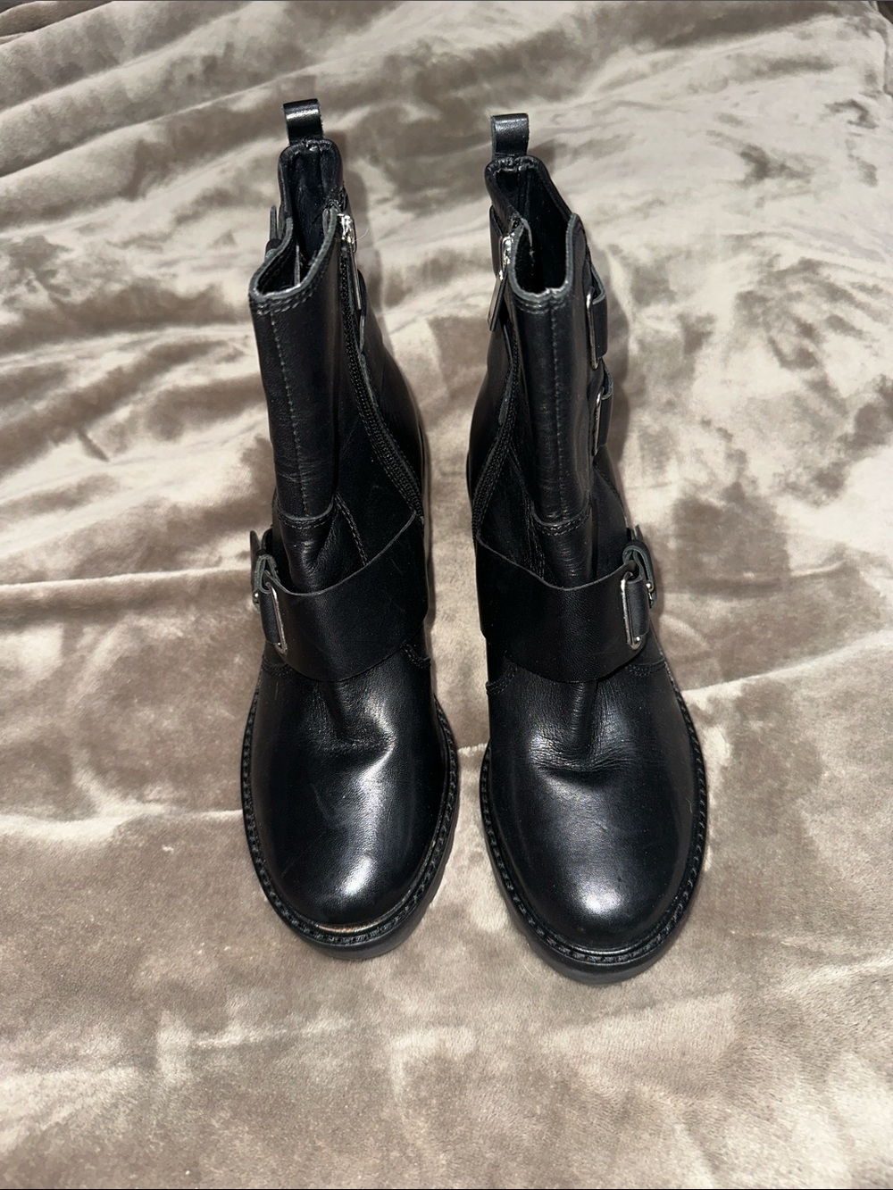 Marc Fisher Black Leather Buckle Moto Ankle Boots